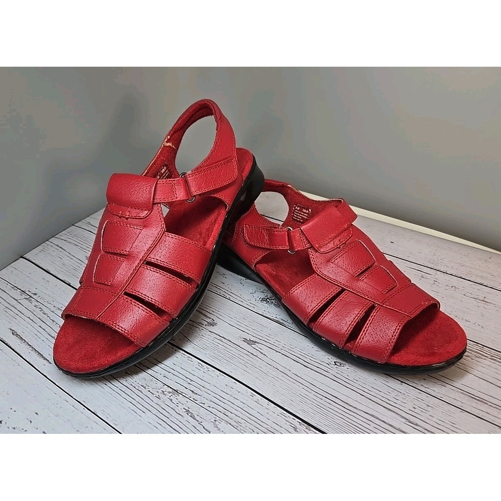 DR. SCHOLLS Womans Red‎ Leather Sandals Size 8.5M Low Heel Walking